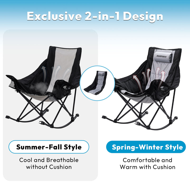 Swonder Oversized Rocking Camping Chair with Innovative 2 in 1 Removable Seat Cushion for All Seasons Fully Padded Folding Outdoor Chair with Headrest and Carry Bag swonder
